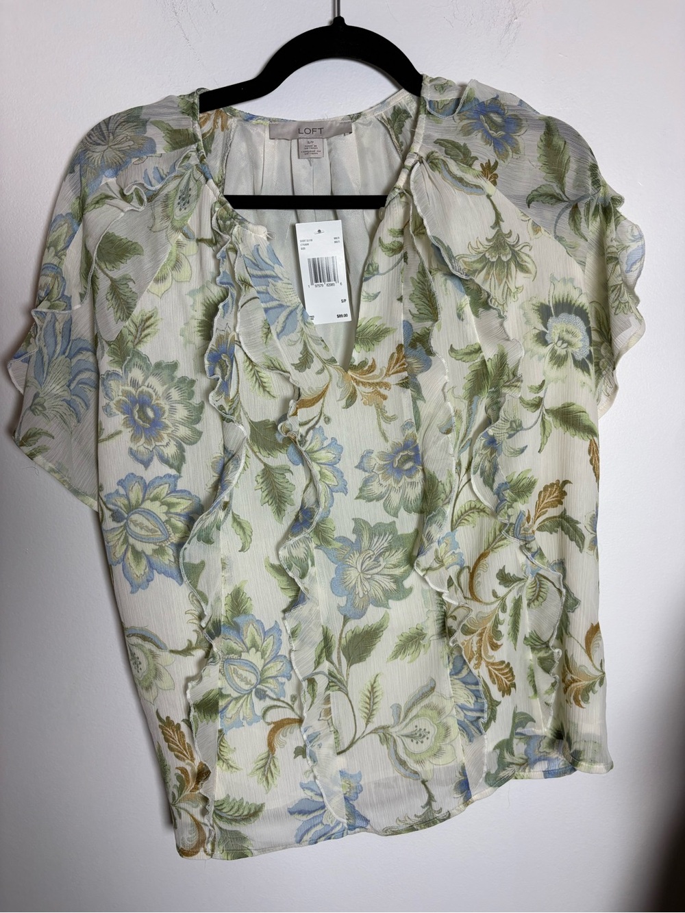 LOFT Cream Sheer Floral Ruffle Blouse with Blue & Green Accents